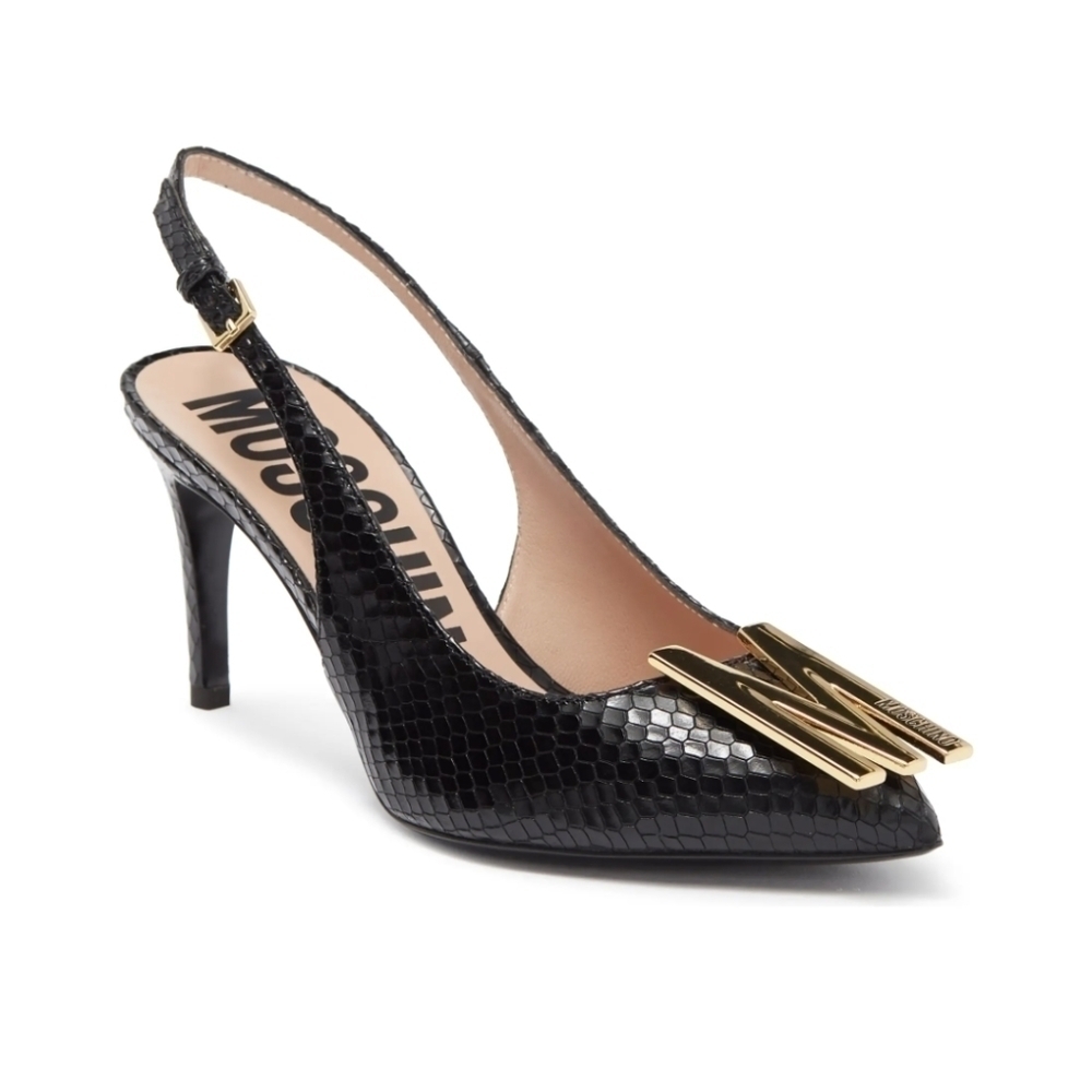 Moschino Snakeskin Embosses Leather Slingback Pump in black size US 7 / EU 37